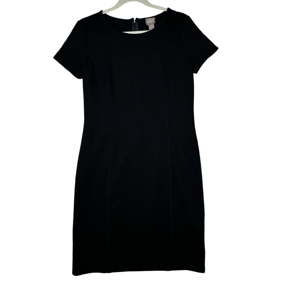 CHICO'S Black Ribbed Sheath Dress Size 0 US Small 90s Minimalist Short Sleeve